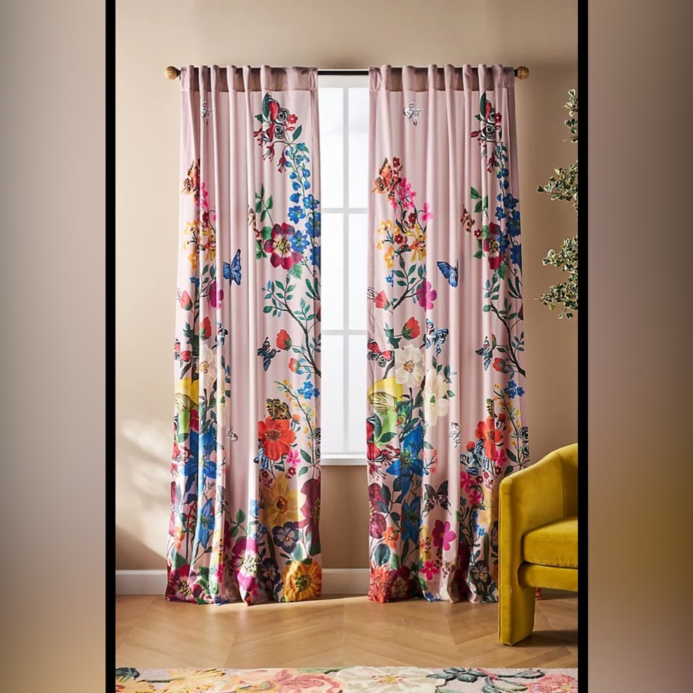 Anthropologie Pink Floral & Butterfly Tab-Top Drapes